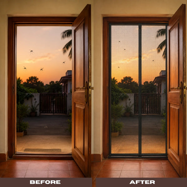 MagniShield™ Auto-Close Mosquito Door Net installed on a doorway, featuring fine mesh to keep insects out and automatic closing mechanism
